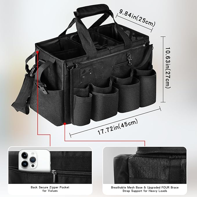 Grekos Wearable Cleaning Caddy Bag, Cleaning Caddy Suppliers Organizer with 4 Foldable Dividers, Handle & Shoulder Straps Cleaning Tool Organizers for Cleaners & Housekeeper (Black)