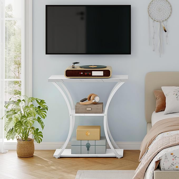 Hoctieon 3 Tier Console Table with Open Wood Shelves, Decorative Entryway Table with Curved Metal Frames, Narrow Sofa Table for Entrance, Living Room, Hallway, White Marbled-NeatNest