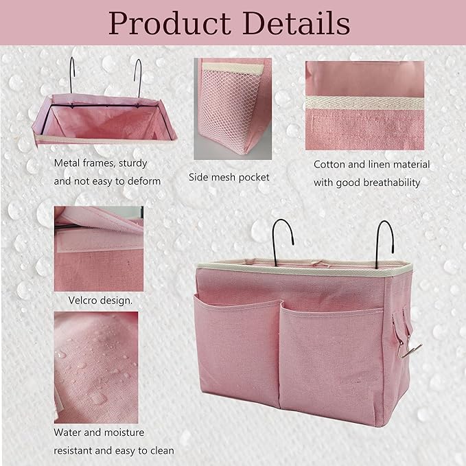 2-Pack Bedside Caddy Bedside Hanging Storage Basket Multi-Function Organizer Caddy for Bunk and Hospital Beds Dorm Rooms Bed Rails, Can be Placed Glasses Books Mobile Phones（2 pcs pink）-NeatNest