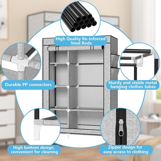 Calmootey Portable Closet Organizers, Clothing Storage, Wardrobe with 6 Shelves and Hanging Rod, Non-Woven Fabric Cover with 4 Side Pockets, Ash Grey-NeatNest