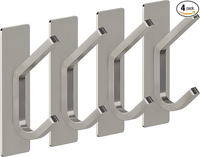 Brushed Nickel Self Adhesive Towel Hooks for Bathroom Wall Door Mounted - SUS304 Stainless Steel Strong Strips Stick on 3M Wall Hooks for Hanging Coat, Hat, Bag, Key, Jacket – 4 Pack-NeatNest