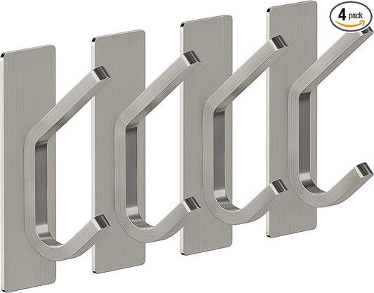 Brushed Nickel Self Adhesive Towel Hooks for Bathroom Wall Door Mounted - SUS304 Stainless Steel Strong Strips Stick on 3M Wall Hooks for Hanging Coat, Hat, Bag, Key, Jacket – 4 Pack-NeatNest
