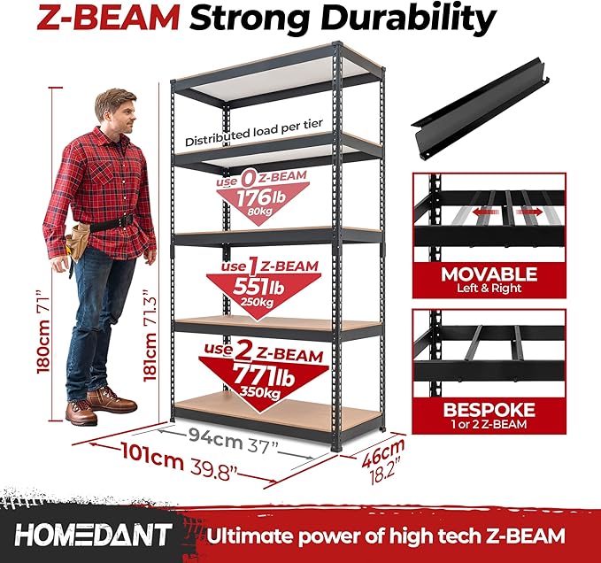 HOMEDANT 5-Tier Laminated Boltless Heavy Duty Metal Shelving Unit Adjustable Garage Storage Utility Rack Shelves Organization Shelf Warehouse Industrial 39.8" W x 18.2" D x 71.3" H 10Pack-NeatNest