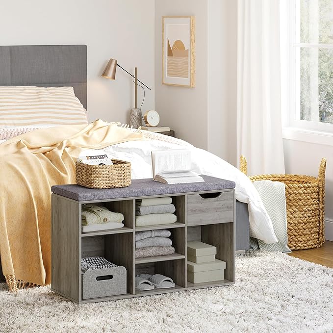 DINZI LVJ Shoe Bench, Entryway Storage Bench with Drawer and 8 Cubbies, Cubby Shoe Rack with Adjustable Shelves, Shoe Organizer Cabinet for Living Room, Bedroom, Mudroom, Closet and Garage, Grey Wash-NeatNest