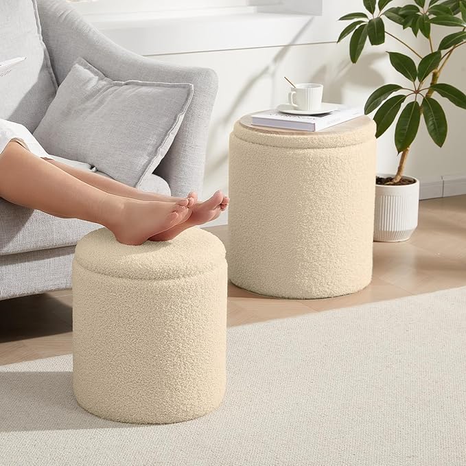 Boucle Round Ottoman with Storage Set of 2,Small Foot Stool Ottoman for Living Room, Small Coffee Table,Vanity Stool with Storage for Bedroom, Beige-NeatNest