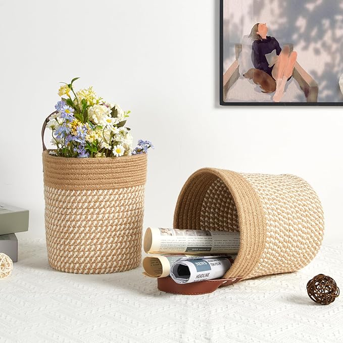 DULLEMELO Wall Hanging Basket 7 X 8 Inches Hanging Storage Baskets for Decor, Set of 2 Woven Storage Baskets,Wall Baskets for Storage Entryway Wall Decor,Jute&Khaki-NeatNest