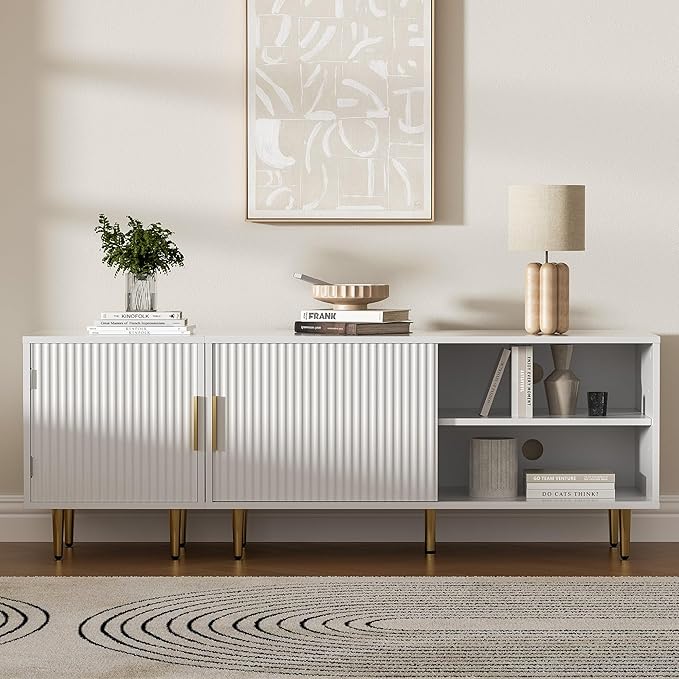 Combined Modern TV Stand for 55/60/65 inch TV, Small Entertainment Center with Adjustable Shelf, TV Media Stand with Storage Cabinet, TV Console with Gold Legs for Living Room, Bedroom, White-NeatNest