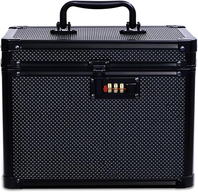 Medication Combination Lock Boxes with Code for Personal Items, Shoulder Medicine Lockbox with Belt for Documents 10 x 7.25 x 7.75 Inches Pure Black