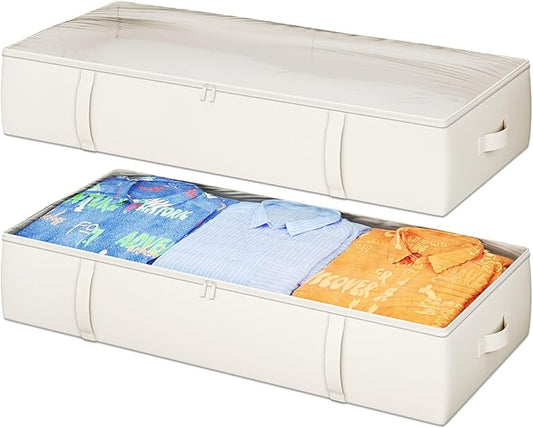 2-Pack Under Bed Storage Containers, 8 Inches Tall Underbed Clothes Storage Organizer Bin with Sturdy Sidewalls/Bottom, Under the Bed Storage Bags 2 Storage Bins, Beige-NeatNest