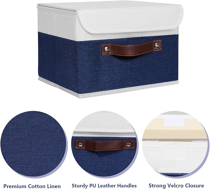 ANMINY 2PCS Storage Boxes with Lid Washable Decorative Storage Bin Basket with PU Leather Handle Foldable Linen Fabric Storage Cube Container for Home Closet Organizer - Deep Blue White, Small Size-NeatNest