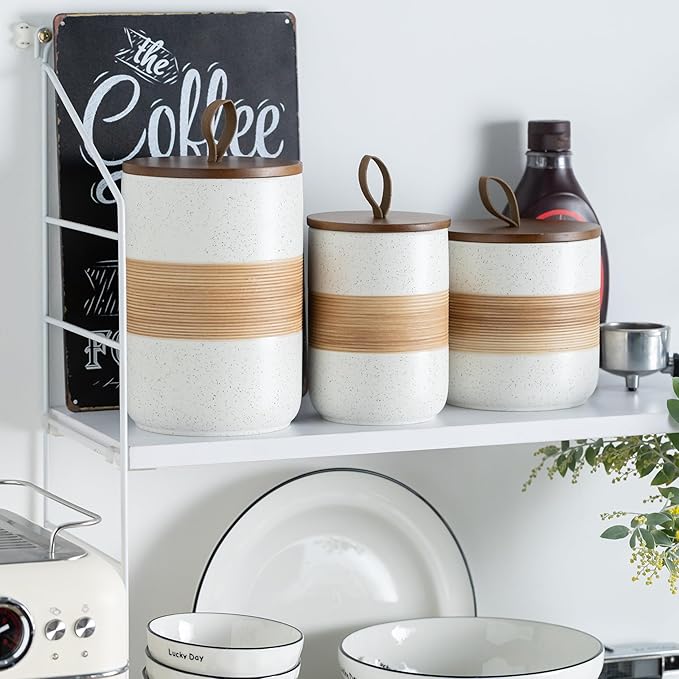 Coffee Container Jar with Lid, Ceramic Kitchen Food Storage Jars for Spice Sugar Cookie, Stackable Decorative Jars for Coffee Bar, White & 28oz-NeatNest