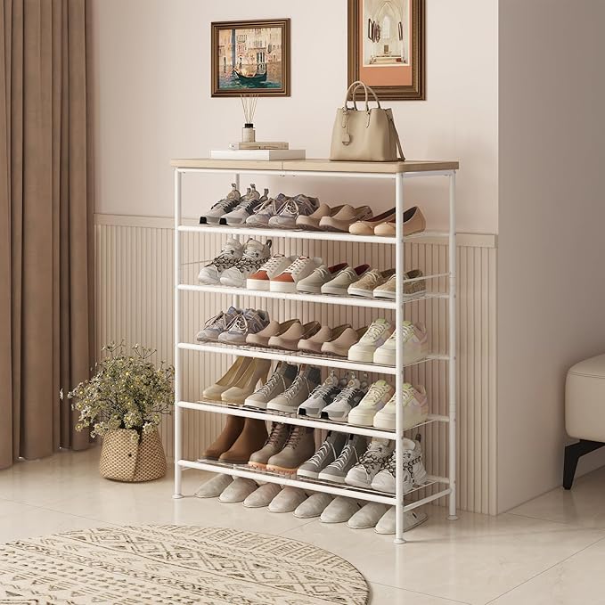 Shoe Rack Organizer 6 Tier for Closet Entryway Free Standing Metal Storage Shoe Shelf with MDF Top Board，White+Oak-NeatNest