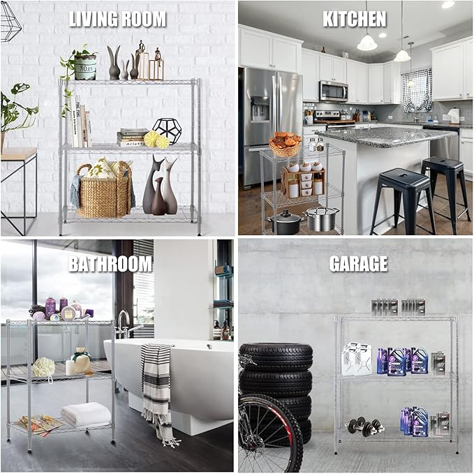 3-Tier Wire Shelving Unit Storage Shelves Shelf Organizer 30"x23"x12" Heavy Duty Metal Storage Rack Wire Rack NSF Height Adjustable for Laundry Bathroom Kitchen Garage Shelving(Chrome)