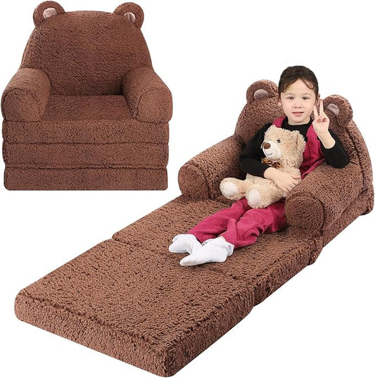 Foldable Sofa for Kids, Sherpa Teddy Bear Toddler Couch With Tri Folding Foam Cushions, Comfy for Ages 3-6-NeatNest