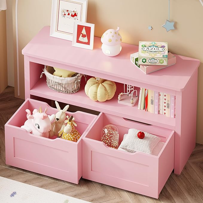 IRONCK Toy Storage and Organizer for Boys and Girls, Toy Chest with Shelf and Removable Drawers, Toy Box for Bedroom, Playroom and Nursery, Pink