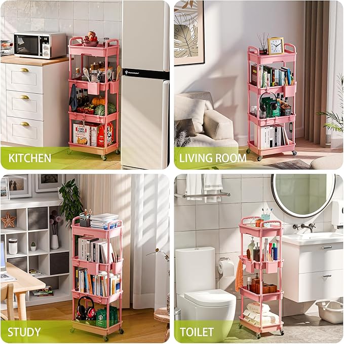 4 Tier Rolling Cart Organizer,Art Craft Diaper Bedside Snack Laundry Room Bathroom Organizer Narrow Thin Slim Rolling Trolley Utility Cart with Wheels for Kitchen,Office(Pink)-NeatNest