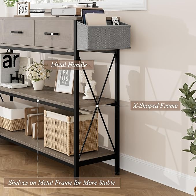 HITHOS 47.2" Long Console Table with 3 Drawers and 3-Tier Storage Shelves, Industrial Sofa Table for Living Room Entry Way-NeatNest