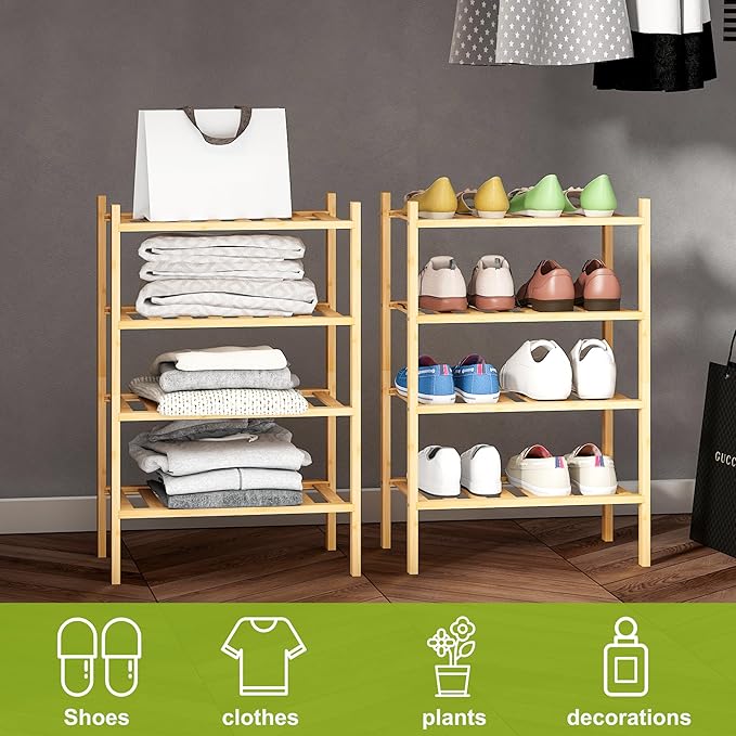BMOSU 4-Tier Bamboo Small Shoe Rack Premium Stackable Shoe Shelf Storage Organizer for Hallway Closet Living Room Entryway Organizer (Natural Bamboo)-NeatNest