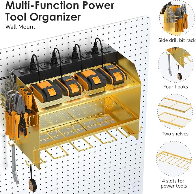 CCCEI Modular Power Tool Organizer Wall Mount with Charging Station. Garage 4 Drill Storage Shelf with Hooks, Drill Bit Heavy Duty Rack, Gold Tool Battery Holder Built in 8 Outlet Power Strip.-NeatNest