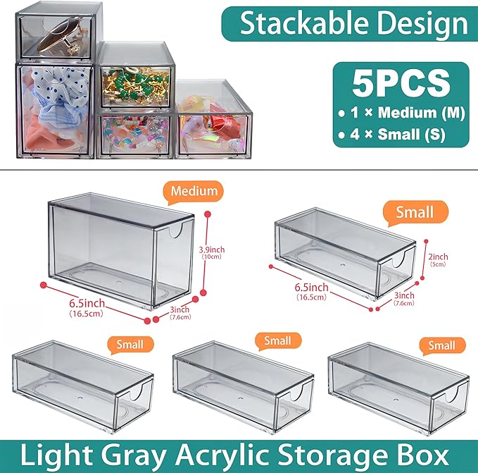 5 Pack Acrylic Makeup Organizer Clear Stackable Storage Drawers Tall Acrylic Bathroom Makeup Organizer for Cosmetic,Beauty Supplies,Ideal for Vanity, Undersink,Cabinet,Desk Home Organization-NeatNest