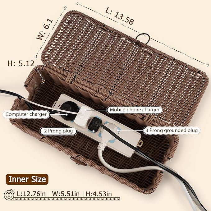 Cable Management Box, Handwoven Faux Rattan Cord Organizer Box with Lid, 2 Open Slots Cable Organizer Box, Decorative Cord Hider Box for Tv Computer USB Hub & Power Strip Holder