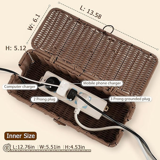 Cable Management Box, Handwoven Faux Rattan Cord Organizer Box with Lid, 2 Open Slots Cable Organizer Box, Decorative Cord Hider Box for Tv Computer USB Hub & Power Strip Holder-NeatNest