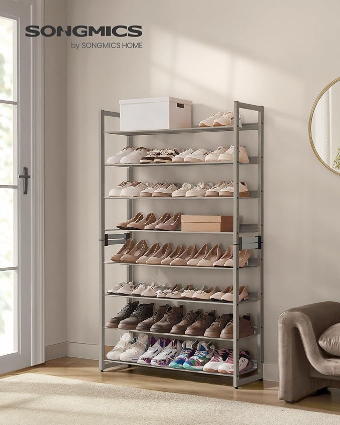 SONGMICS Shoe Rack, 8-Tier Shoe Organizer, Metal Rack for Garage, Set of 2, 4-Tier Stackable Shelf, with Adjustable Flat or Angled Shelves, 32-40 Pairs, Cappuccino Beige ULMR008L01-NeatNest