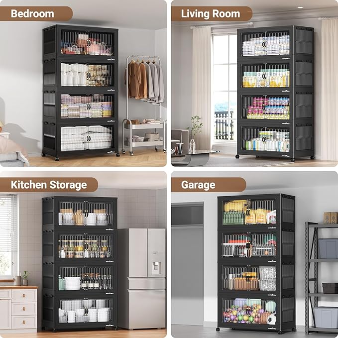 600Qt Extra Large Stackable Storage Bins with Lid, Closet Organizer Collapsible Drawer Boxes with Wheels, Folding Plastic Cabinet Containers for Home Kitchen Room Organization, 3Pack Black