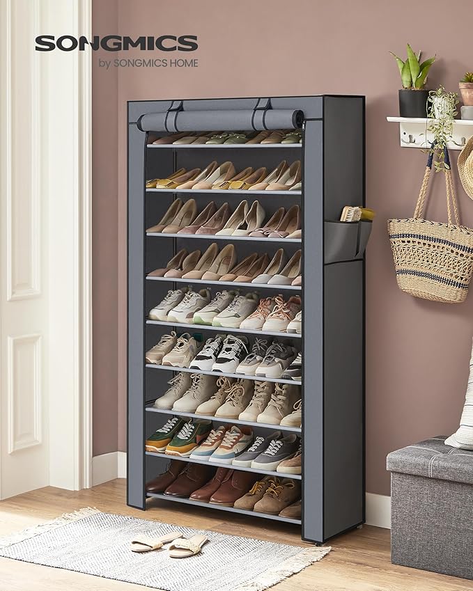 SONGMICS Shoe Rack with Non-Woven Fabric Cover, 9 Tier Storage Shelf for 40-50 Pairs of Shoes, Entryway, Suitable for Sneakers, High Heels, Flats, and Boots, Grey RXJ36G01-NeatNest