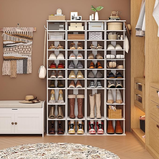 HOMEFORT 10-Tier Vertical Shoe Rack, Corner Shoe Tower, Slim Shoe Organizer with Two Hanging Hooks, Wooden Shoe Storage Stand for Entryway, Hallway, Closet (White)-NeatNest