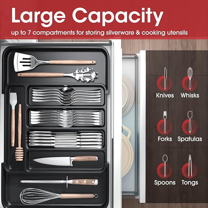 Aujen Silverware Organizer - Expandable Kitchen Drawer Organizer, Adjustable Utensil Organizer, Cutlery Tray for Forks, Knives, Multipurpose Kitchen Organizers and Storage Solution, Black, Medium-NeatNest