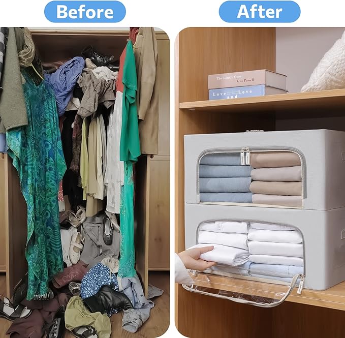 3Pack Frame Storage Box - Clothes Storage Bin Bags Oxford Fabric Foldable Stackable Container Organizer Set with Clear Window & Carry Handles (Grey, Medium-44L)-NeatNest