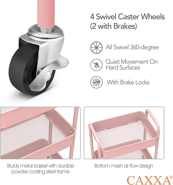 CAXXA 3-Tier Rolling Metal Storage Organizer - Mobile Utility Cart with Caster Wheels, Pink-NeatNest