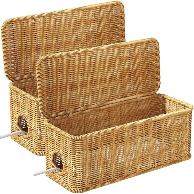 Cable Management Box,2 Open Slots Cord Organizer Hider Box with Lid,2 Pack Handwoven Imitation Rattan Cable Organizer Box for TV Wire Computer Router & Power Strip-A Style(Light Brown)