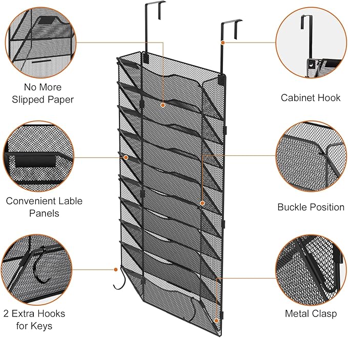 10 Pocket Mesh Hanging Wall File Organizer, Wall Mounted Mail Paper Document Folder Holder, Foldable File Folder Organizer with Label Panel | 2 Hooks | Office Home School Organizer, Black