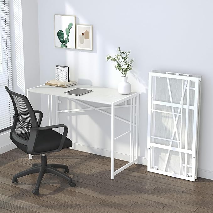 Folding Desk 40 inch Writing Gaming Computer Camping Table, No Assembly Required Home Office Desk, White-NeatNest