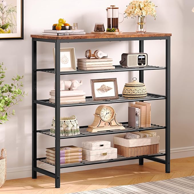 usikey 5-Tier Shoe Rack, Industrial Shoe Storage Organizer for 12-16 Pairs of Shoes, Metal Shoe Shelf with Wooden Top, Shoe Stand with 3 Metal Shelves for Entryway, Hallway, Closet, Rustic Brown-NeatNest