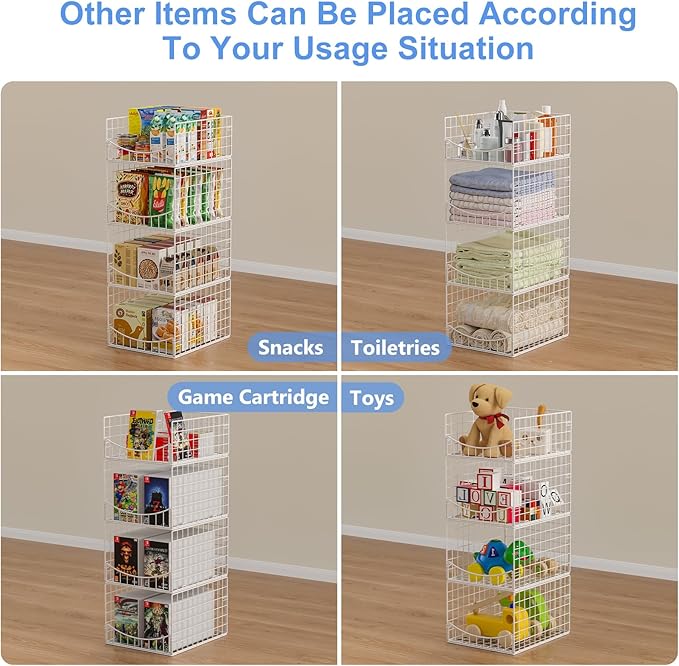 4-Tier Stackable Closet Organizers and Storage Shelves, Clothes Storage Basket Sweater Organizer Bins Container for Wardrobe Kitchen Bathroom Office, White