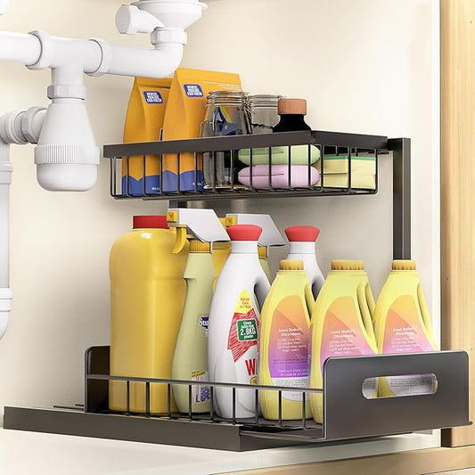 VUSIGN Under Sink Organizer, 2 Tier Pull Out Bathroom Cabinet Organizer, Under Kitchen Sink Organizers and Storage, Under Sink Shelf,1 Pack, Black-NeatNest