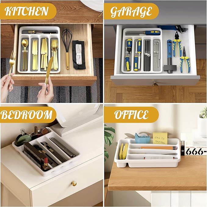 5-Slot Utensil Drawer Organizer for Silverware & Cutlery | Large Plastic Utensil Holder with Non-Slip Design, Silverware Drawer Organizer, BPA-Free (White)-NeatNest