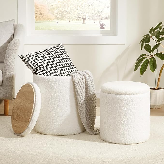 Boucle Round Ottoman with Storage Set of 2,Small Foot Stool Ottoman for Living Room, Small Coffee Table,Vanity Stool with Storage for Bedroom, White-NeatNest