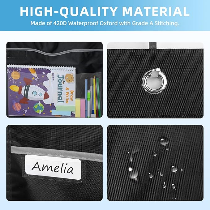 22 Pockets Hanging Wall File Organizer, Sturdy Legal/Letter Size Manila File Folders Organizer, Classroom Pocket Chart with 2 Writable Clear Pockets, 6 Wall/Door Hooks & 24 Labels (Black)