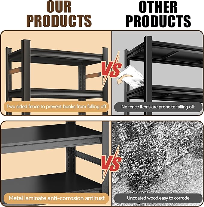 Book Shelf 5 Tier Metal Wide Bookshelves,Tall Bookshelf Industrial Bookcase Adjustable Book Shelves For Bedroom/Living Room/Library,Book Shelf Organizer Black(with fence-47.2"W*23.6D*72"H)-NeatNest