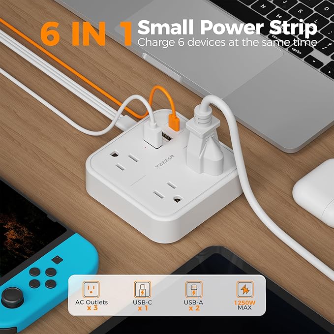 Extension Cord with Multiple Outlets 5 FT, TESSAN Small Flat Plug Power Strip with 3 USB (1 USB C) and 3 AC, Surge Protector Charging Station for Office, School, Dorm Room Essentials, White-NeatNest