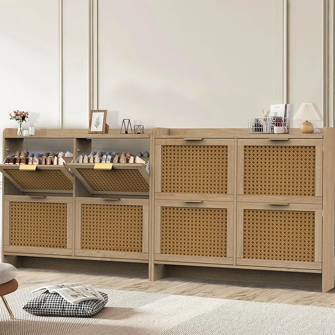 Hidden Shoe Storage Cabinets with 2 Flip Drawers and Metal Legs, Freestanding Narrow Shoe Organizer Rack for Entryway, Natural-NeatNest