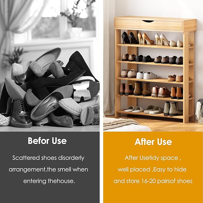 soges 5-Tier Wooden Shoe Rack with Storage Cabinet, 29.5 inches Vertical Free Standing Shoe Shelf, Shoe Organizer Storage Cabinet for Entryway, Living Room, Hallway, Doorway, White Oak-NeatNest
