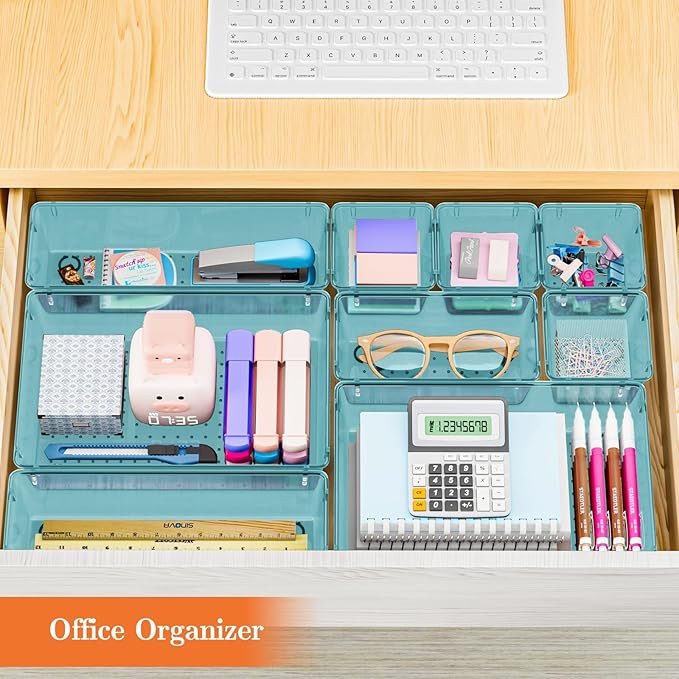 25 PCS Plastic Drawer Organizer Set, 4-Size Versatile Organizer Trays & storage Bins for Makeup, Jewelry, and Gadgets in Bathroom, Bedroom and Office, Sea Blue-NeatNest