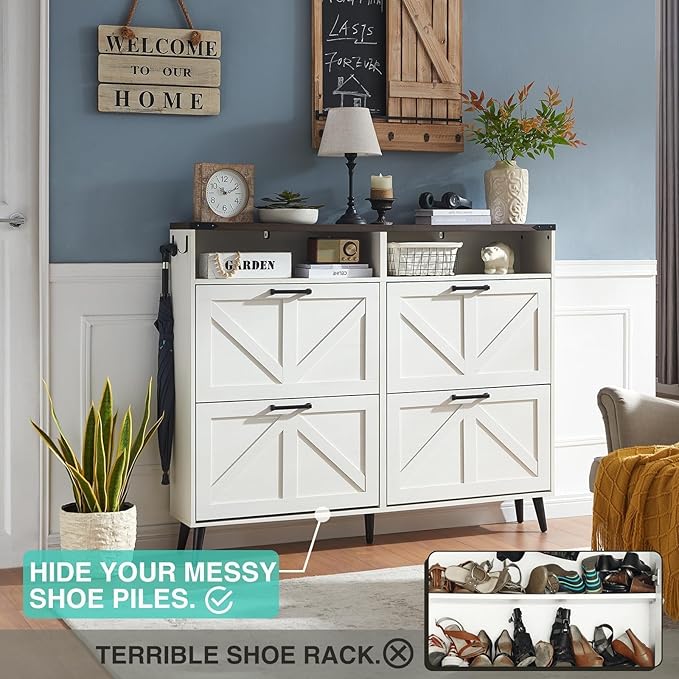 Shoe Storage Cabinet,Farmhouse Shoe Organizer with 4 Flip Drawers & Barn Door Design,Freestanding Hidden Slim Narrow Shoe Rack with Open Shelves for Entryway,Foyer,Hallway,Antique White-NeatNest