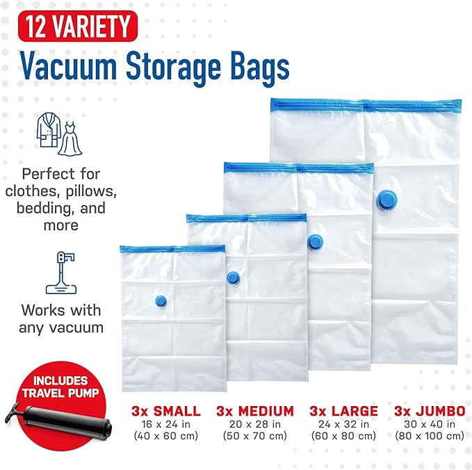 12-Pack Variety Vacuum Storage Bags for Comforters, Blankets & Clothes – Vacuum Sealed Compression Bags with Hand Pump – Space Saver Storage Bags for Bedding,Travel & Organization (3S, 3M, 3L & 3XL)-NeatNest