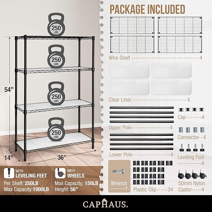 CAPHAUS NSF Adjustable Shelves Metal Wire Shelving Unit w/Liners, Kitchen Storage Shelving, Metal Steel Storage Shelving, Garage Shelving Storage Organizer, Utility Shelf, 4-Tier W/Wheels, Black-NeatNest